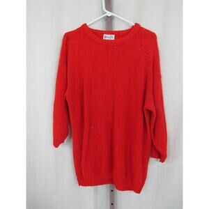Helen Sue Vintage Bright Red Knit Sweater Metallic Silver Specs 3/4 Sleeve